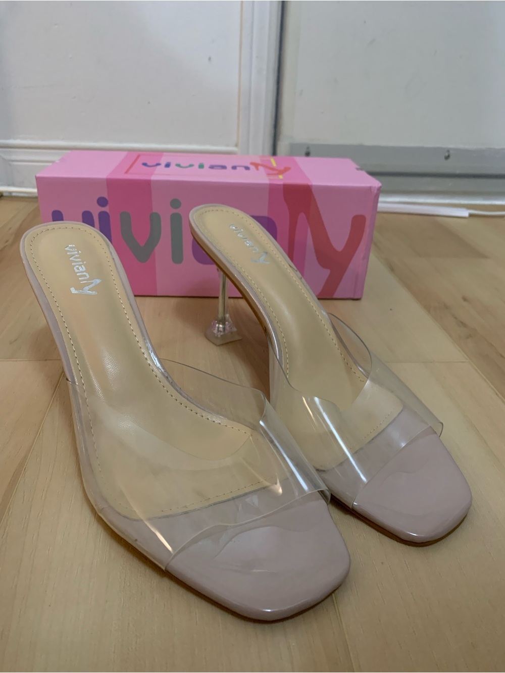 Vivianly Clear Strap Nude kitten heels 👠
